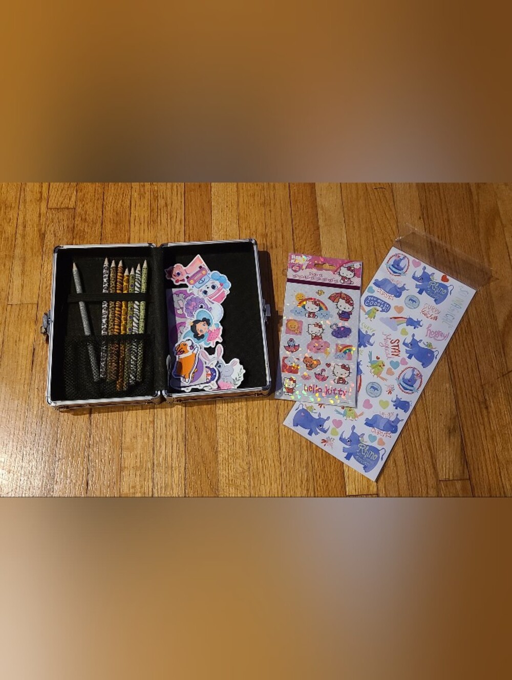 Vaultz Holographic Pencil Case w/8 Animal Print Pencils & Hello Kitty+ Stickers